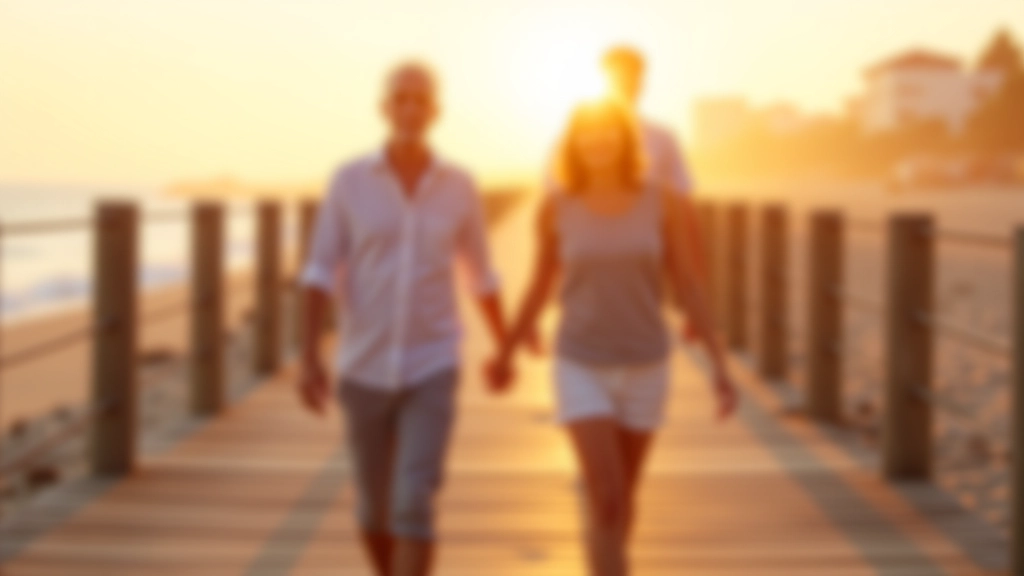 Older adults in casual summer clothing standing on a beach boardwalk at golden hour