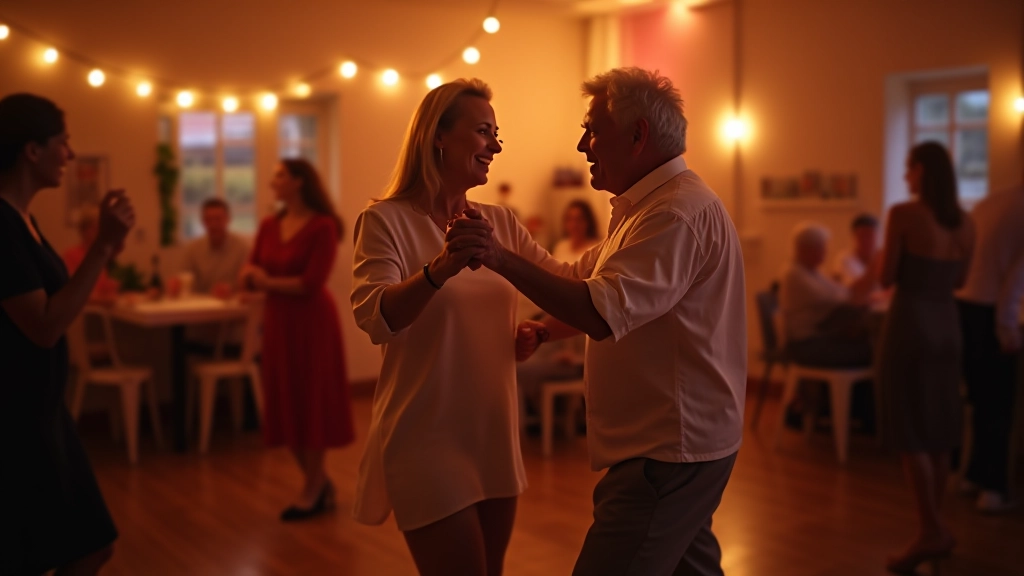 Couples dancing together at an indoor venue with warm lighting and decorative string lights overhead