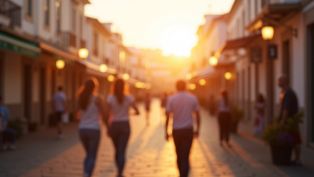 Seaside town street at dusk with buildings and beach access, warm golden lighting