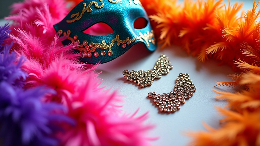 Colorful costume accessories including masks, feather boas, and sparkly bracelets arranged on a table, ready for a themed dance party