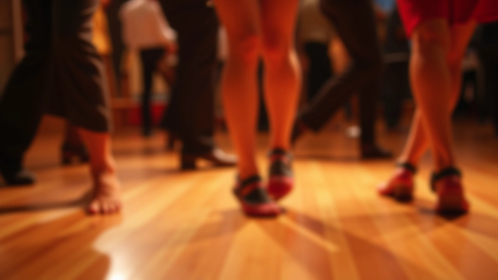 Close-up of people's feet and lower bodies dancing on a wooden dance floor, showing various dancing styles