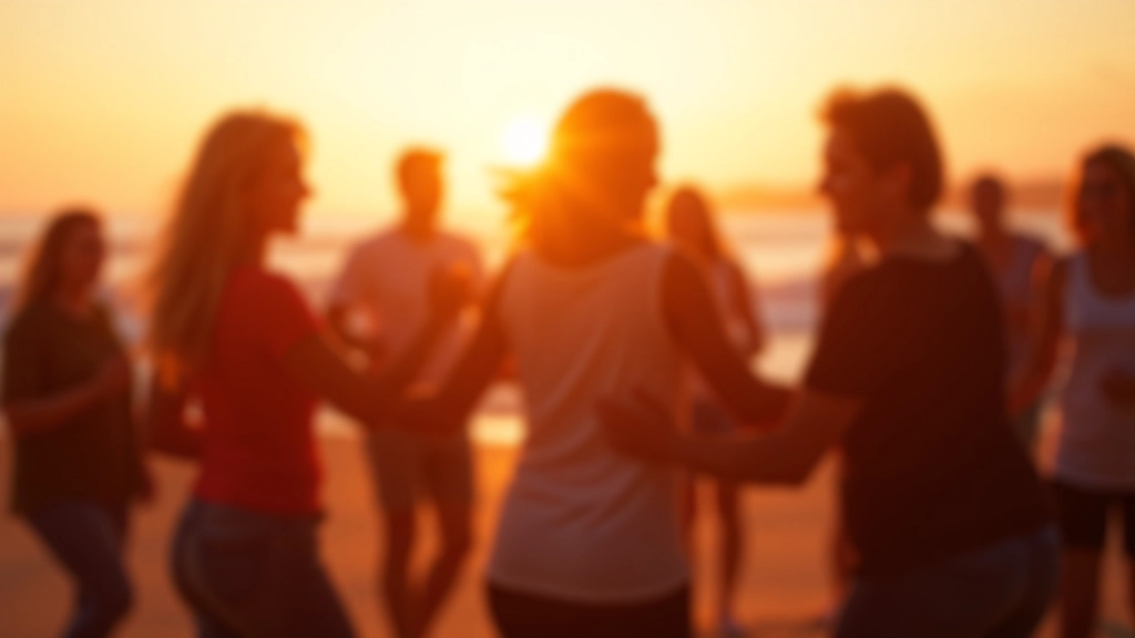 Adults dancing together at a lively outdoor dance event with ocean and sunset backdrop, vibrant community atmosphere
