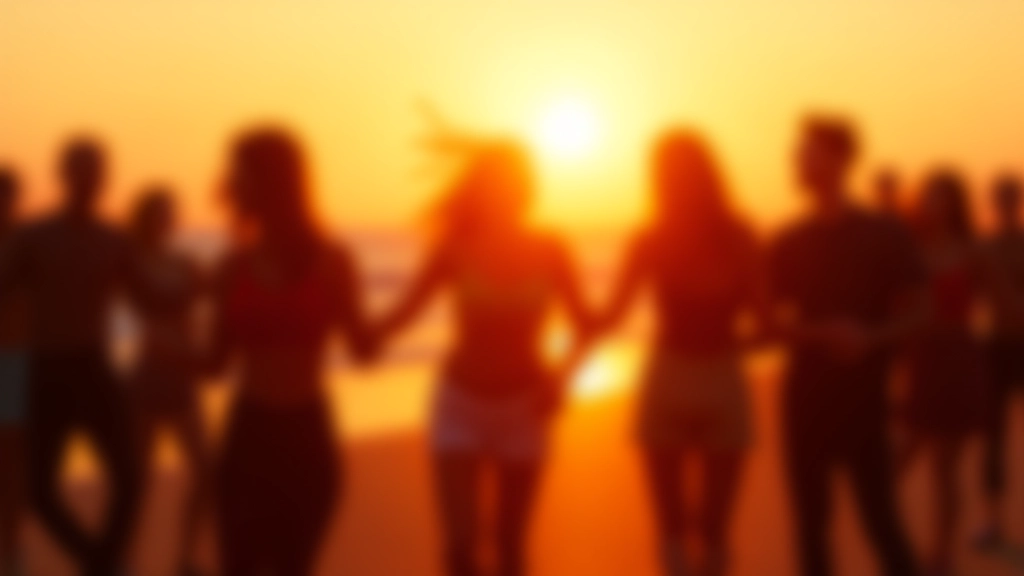 Group of dancers in motion at a beach venue, silhouetted against golden hour sunset