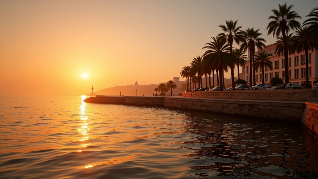 Portimão waterfront at golden hour with palm trees and historic buildings reflected in calm water