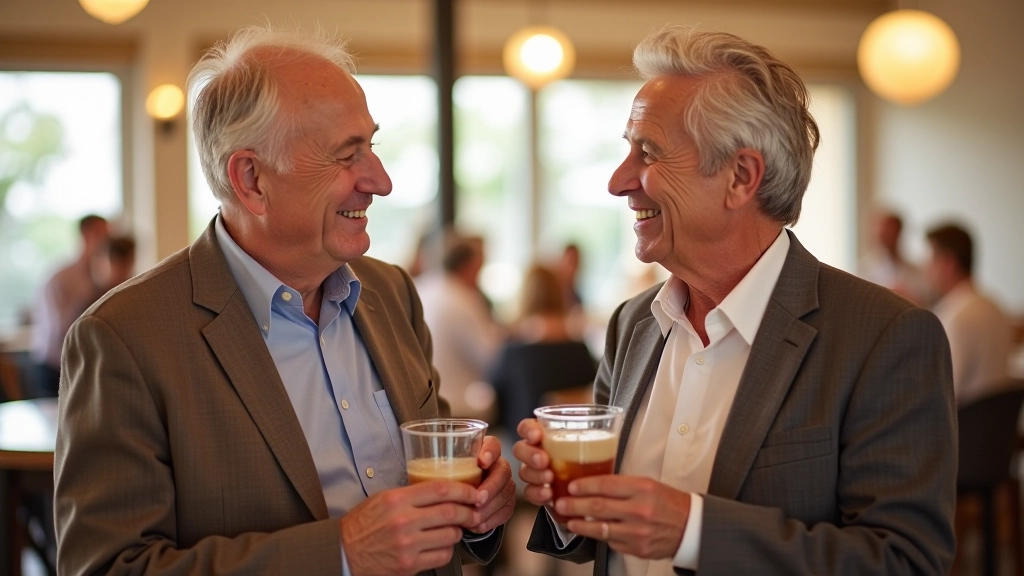 Two adults aged 50-60 smiling and chatting while standing with drinks at a social gathering