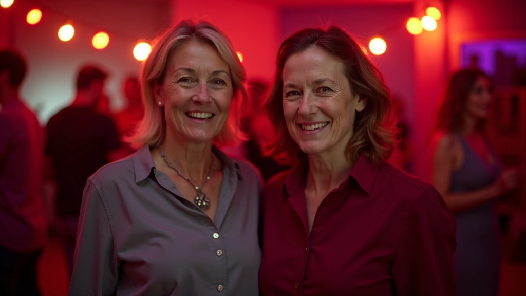 Smiling dancers in a circle formation at an indoor venue, colorful lighting overhead
