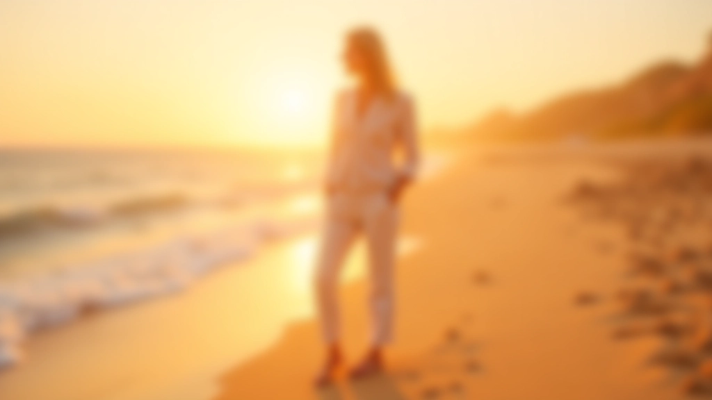 Woman aged 55 in casual linen pants and comfortable sandals standing on beach at sunset