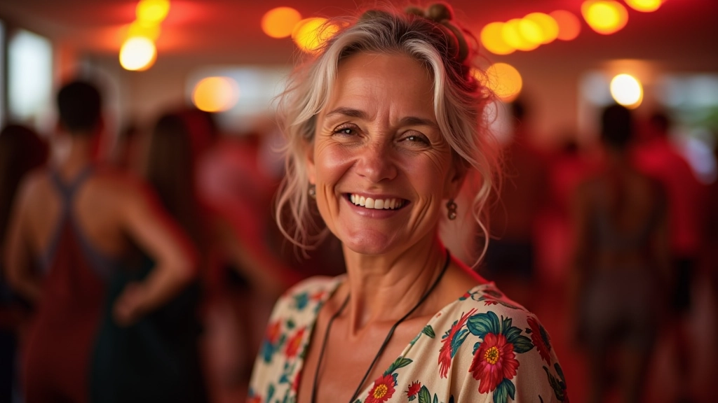 Woman smiling warmly at a dance event, wearing casual colorful clothing, indoor venue with warm lighting in background